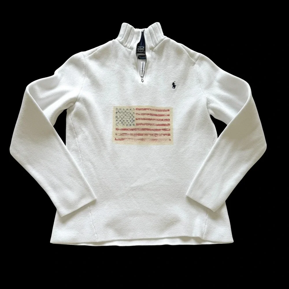 90's Polo Ralph Lauren White Cotton Quarter Zip Custom American Flag Sweater M - Picture 1 of 7